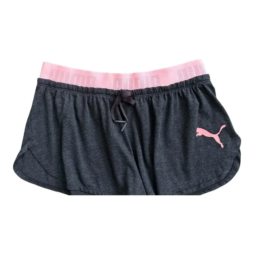 Puma Sleep Shorts Womens Size S Gray Pink Logo Pull On Lounge Pajamas Drawstring